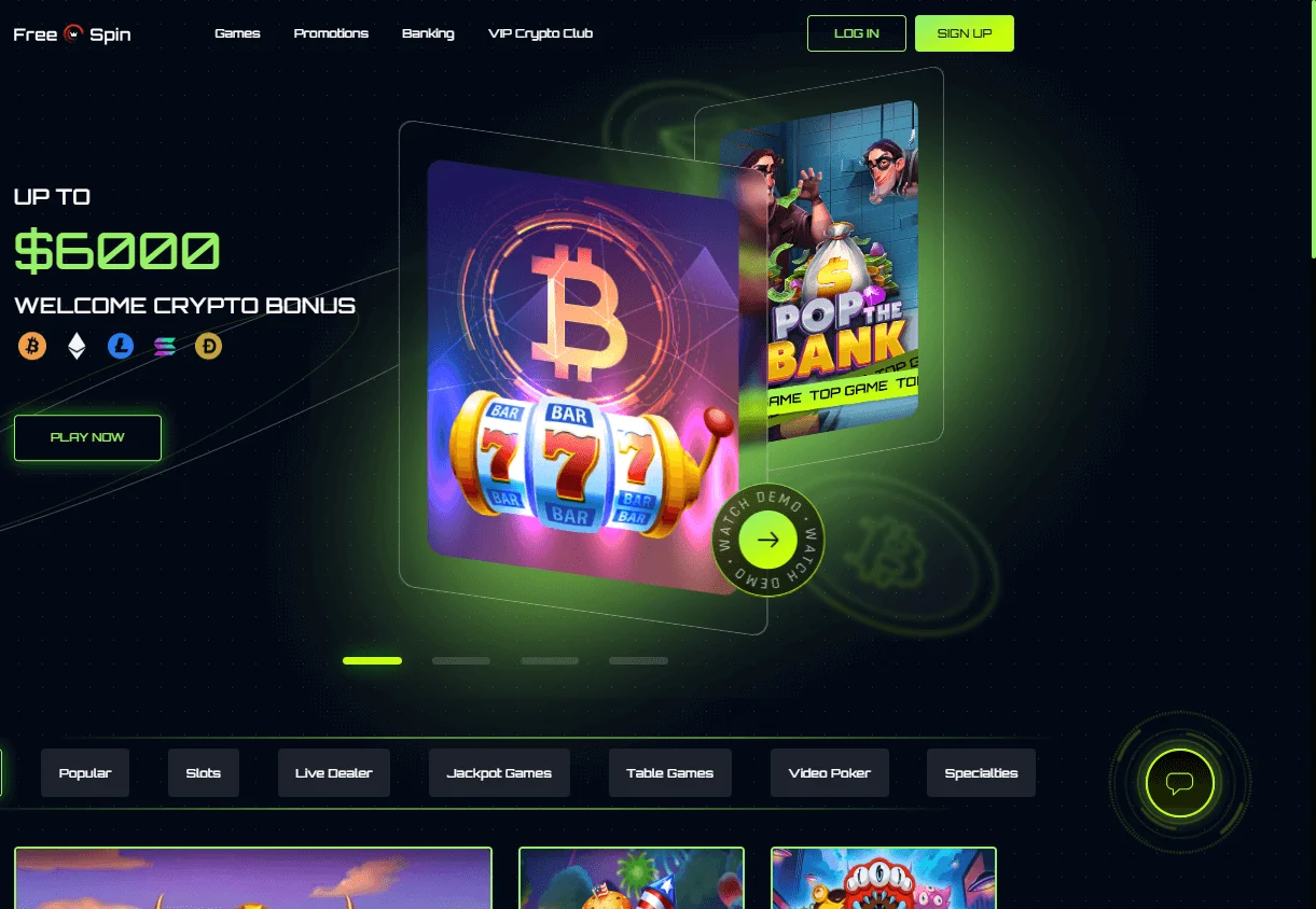 Free Spin Casino desktop home interface