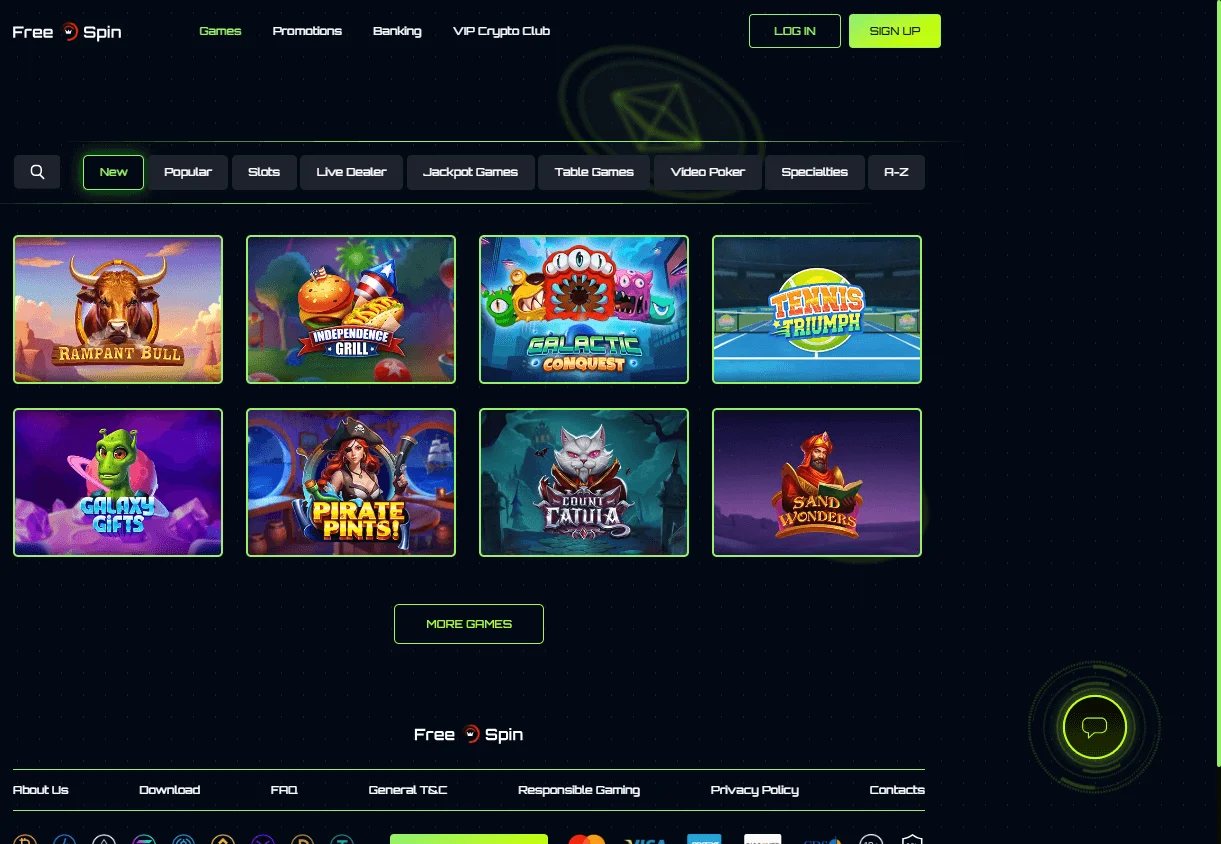 Free Spin Casino desktop games selection